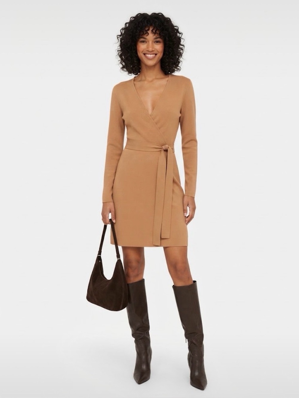 Diane von Furstenberg DVF Camel Knit Wrap Dress Size S Long Sleeve Tie Waist